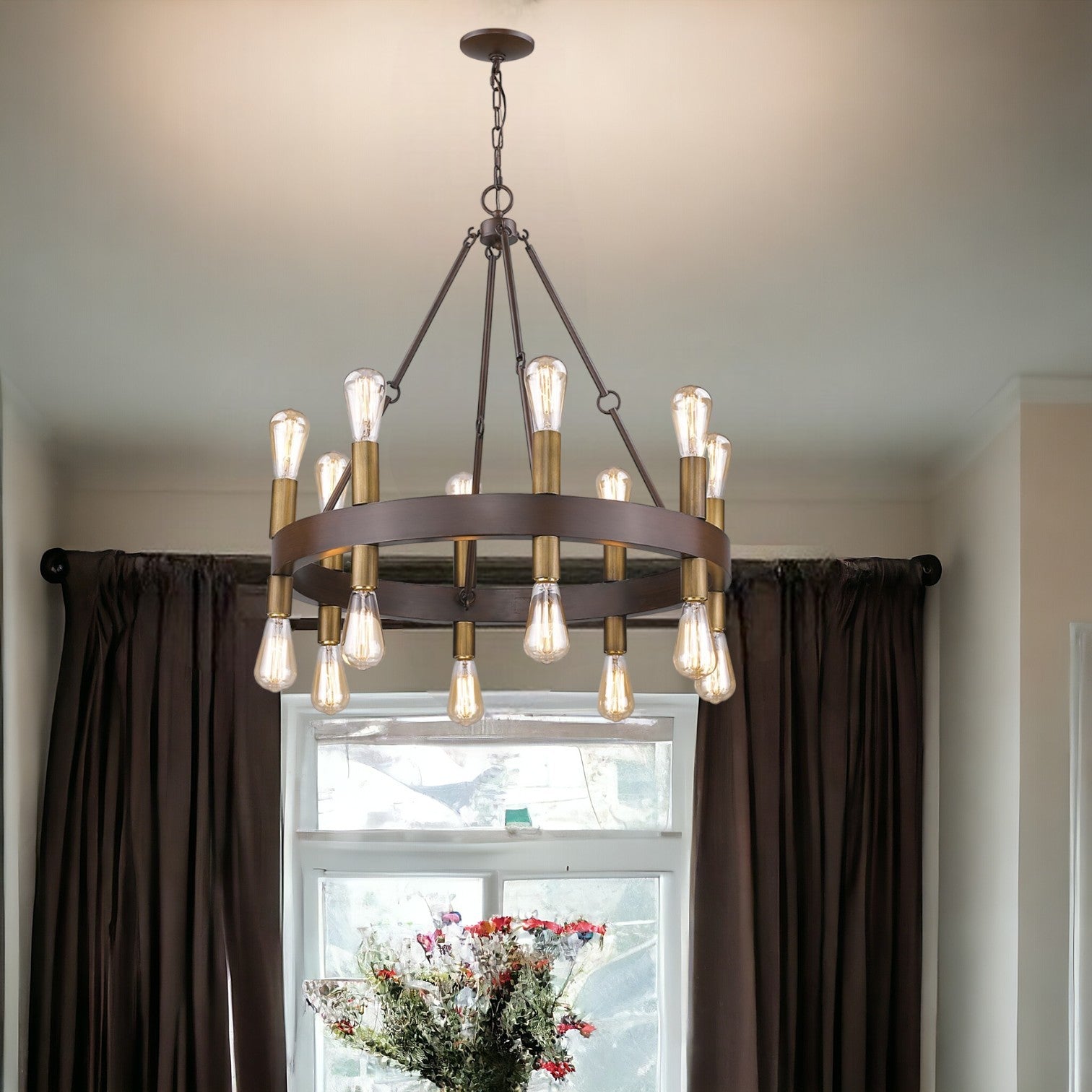 Cumberland 16-Light Wood Finish Chandelier With Raw Brass Sockets-1