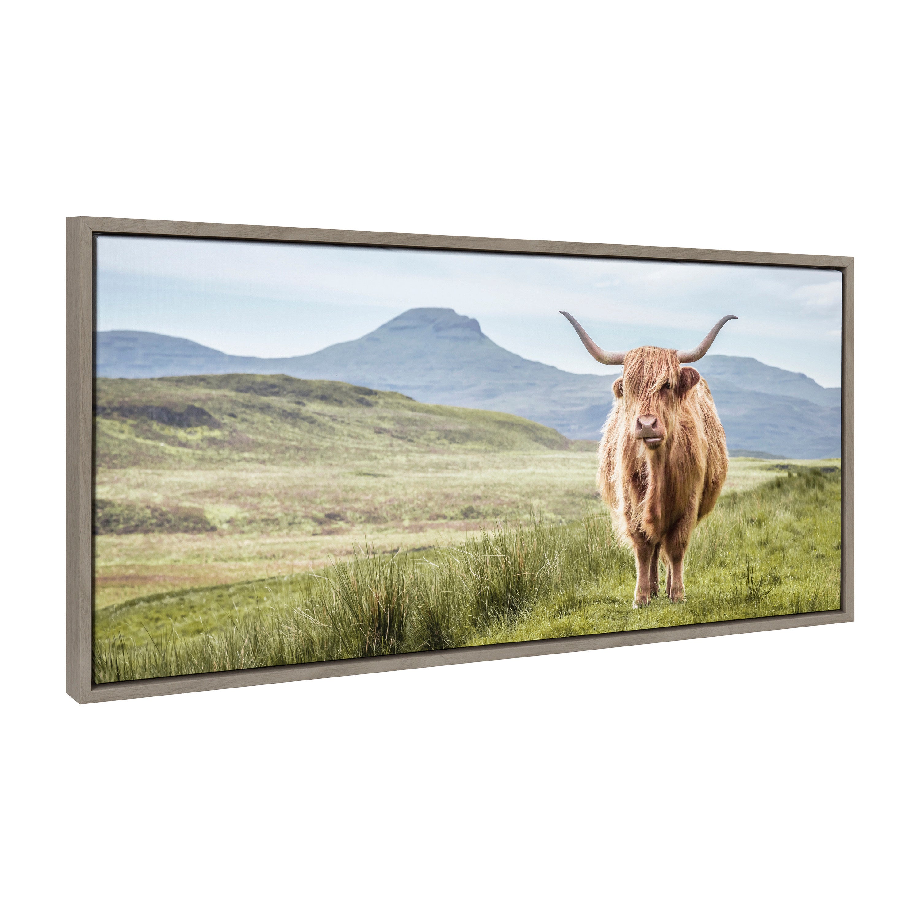Sylvie Highland Cow Mountain Landscape Framed Canvas by The Creative Bunch Studio