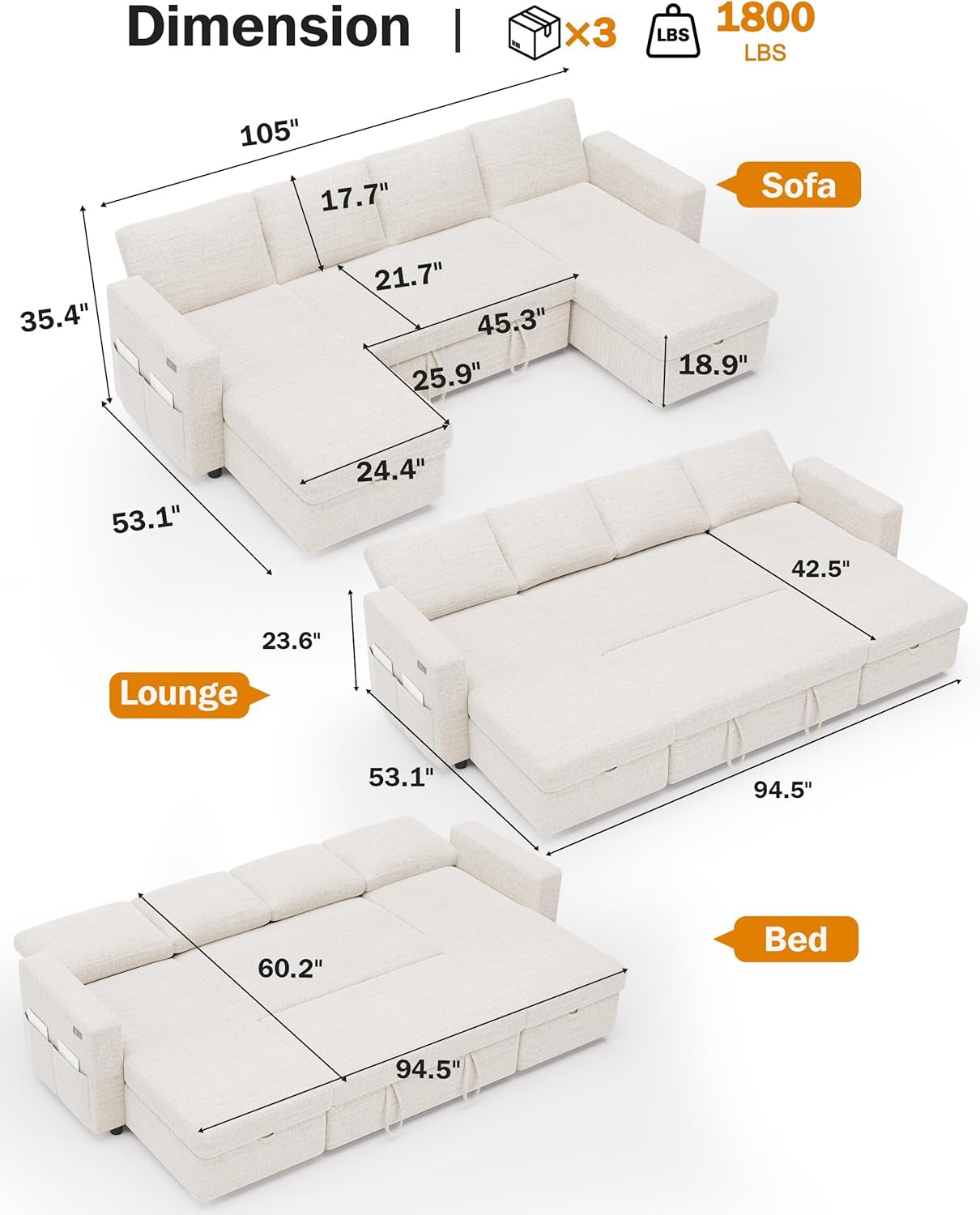105Inch UShaped SectionalSofa With Pullout Bed Beige
