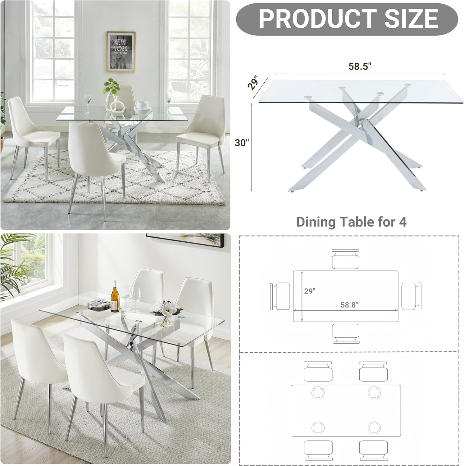 58.5 Inch Rectangular Glass Dining Table With Silver Finish