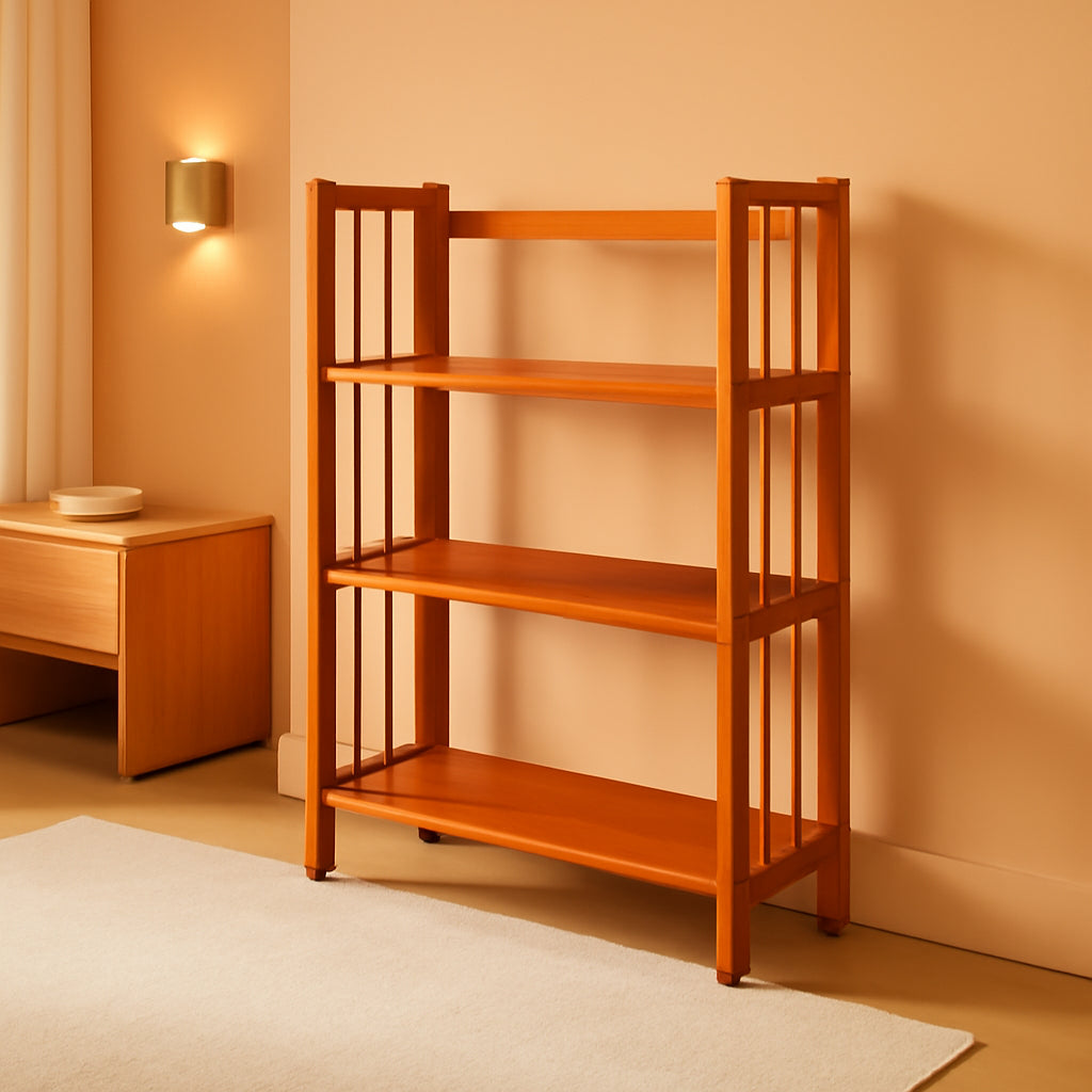 3-Shelf Folding Stackable Bookcase 27.5 Inch Wide Honey Oak