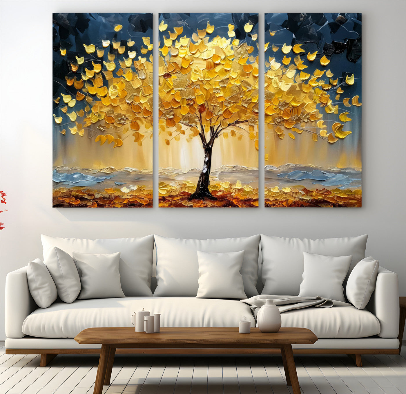 Golden Tree Wall Art – Framed Autumn Leaves Canvas Artwork,