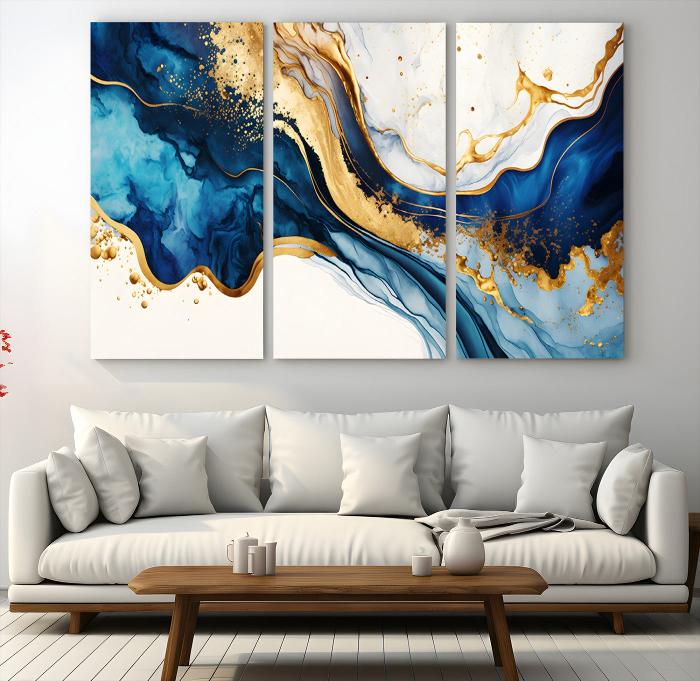 Blue Gold Flow Wall Art Canvas Print – Framed Marble Design