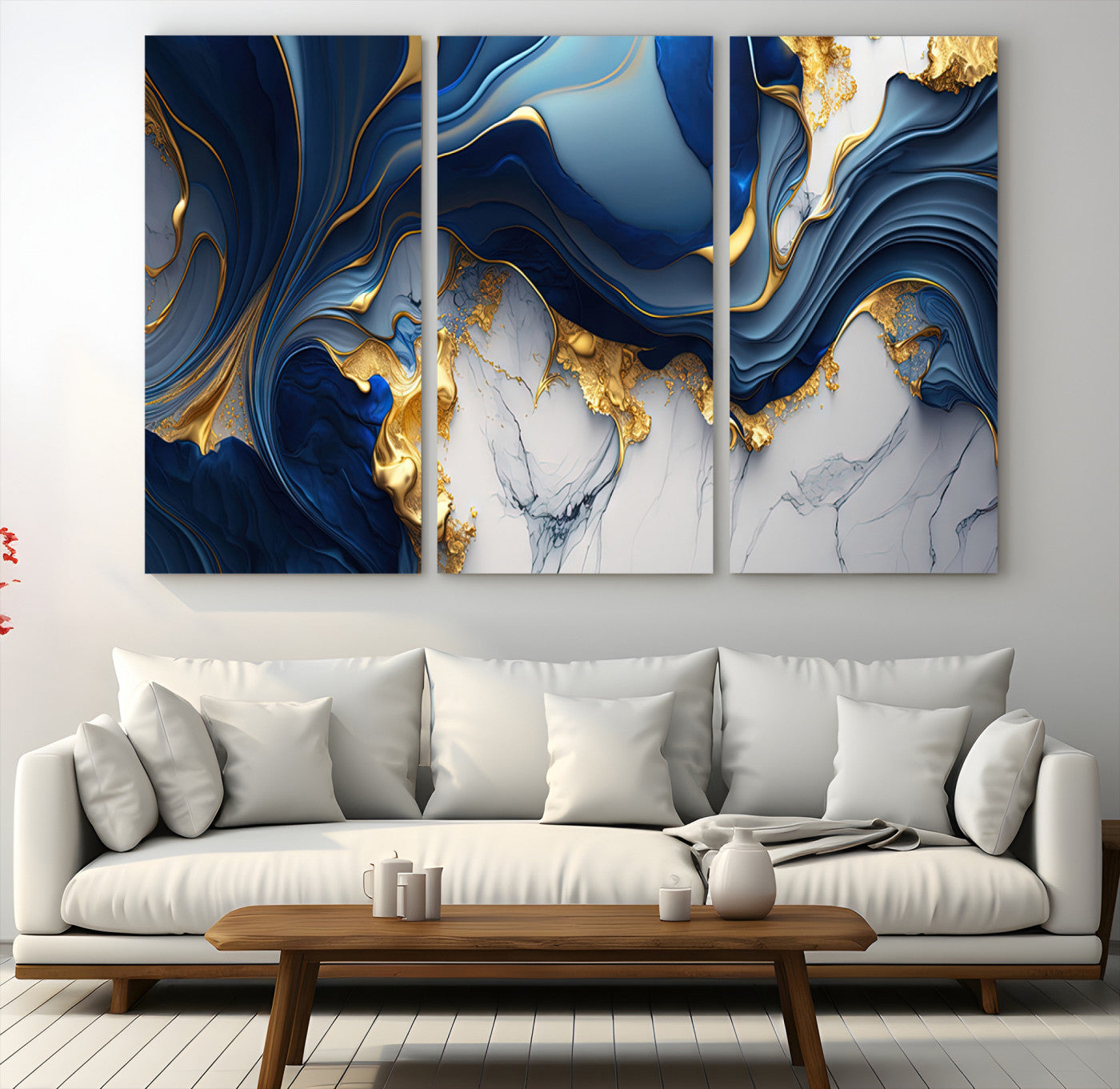 Blue Marble Wall Art Canvas Print – Framed Gold Veins