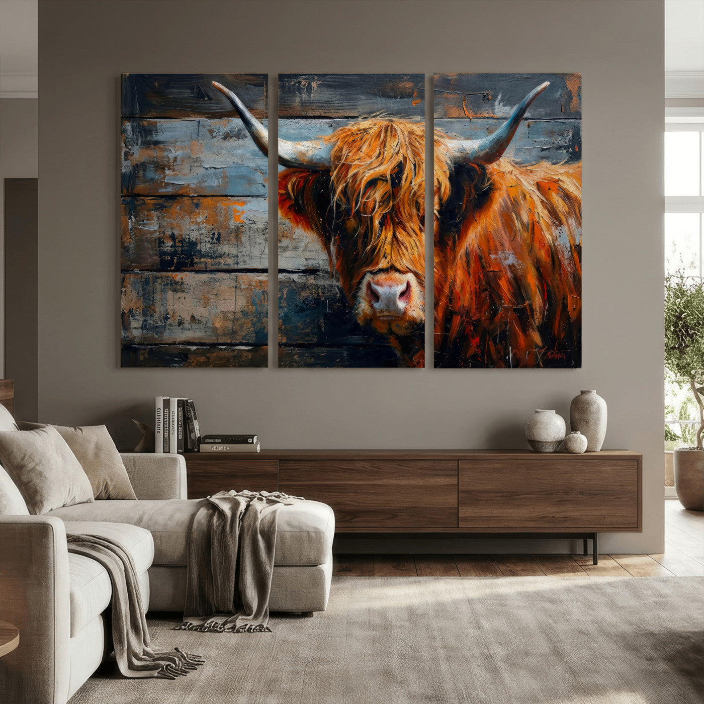 Highland Cow Wall Art Canvas Print, Abstract Rustic Farm