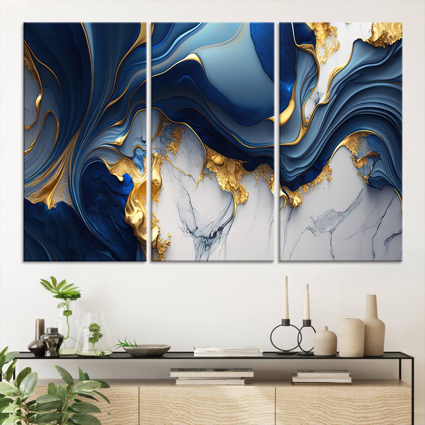 Blue Marble Wall Art Canvas Print – Framed Gold Veins