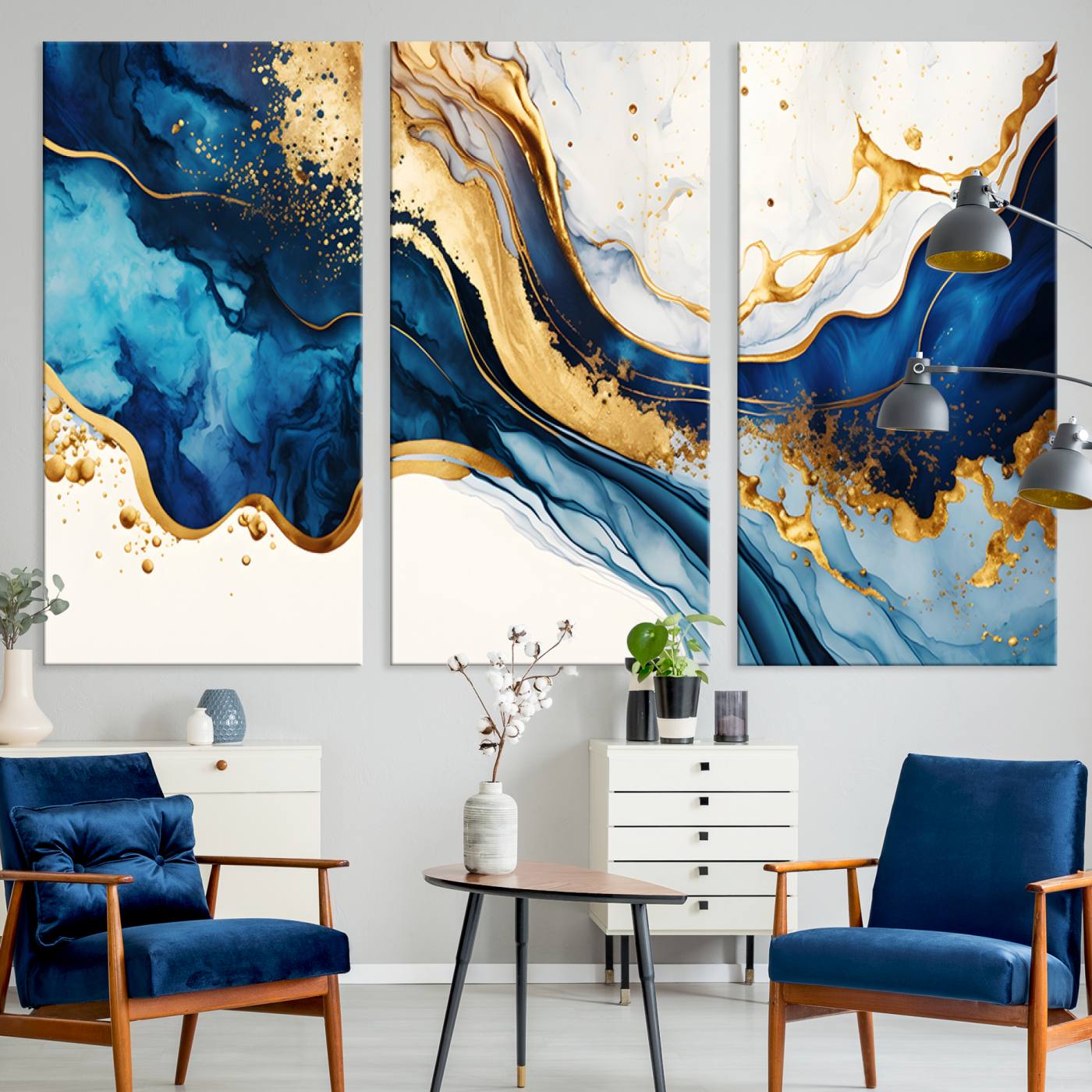 Blue Gold Flow Wall Art Canvas Print – Framed Marble Design
