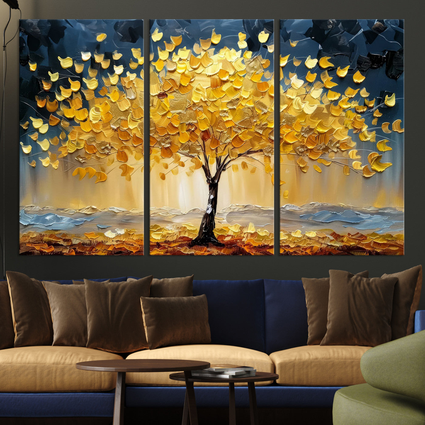 Golden Tree Wall Art – Framed Autumn Leaves Canvas Artwork,