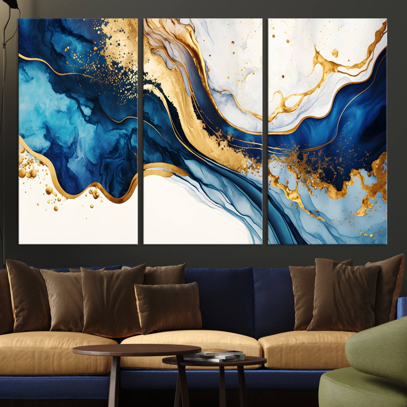 Blue Gold Flow Wall Art Canvas Print – Framed Marble Design