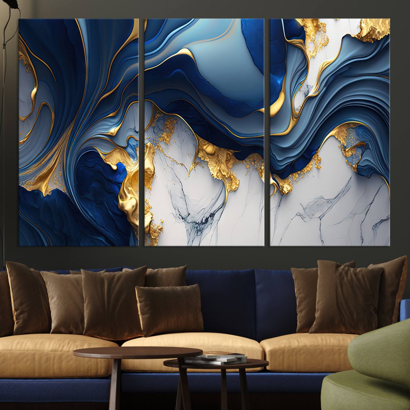 Blue Marble Wall Art Canvas Print – Framed Gold Veins