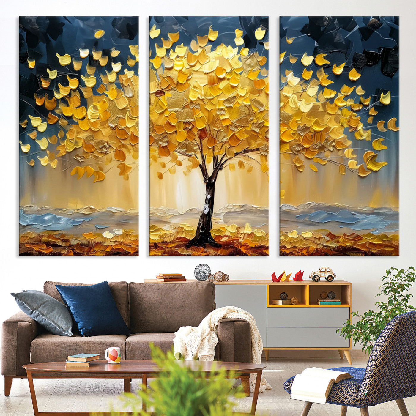 Golden Tree Wall Art – Framed Autumn Leaves Canvas Artwork,