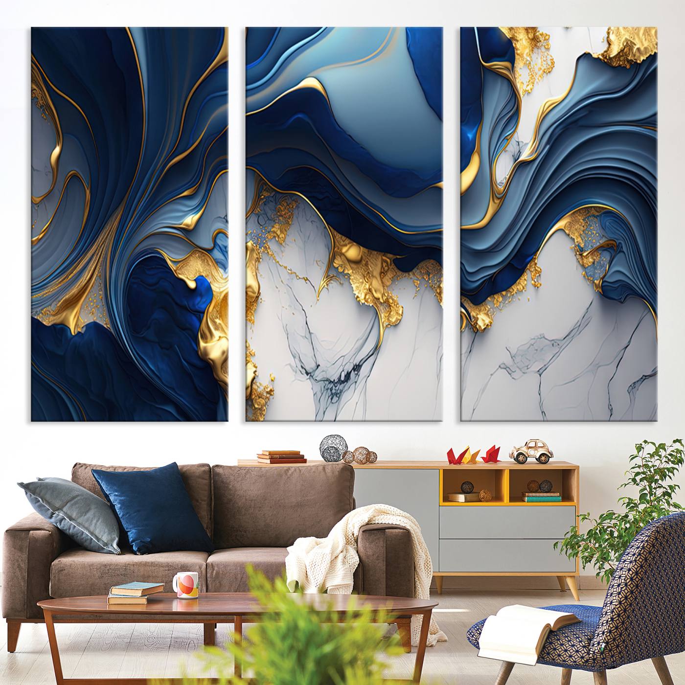 Blue Marble Wall Art Canvas Print – Framed Gold Veins