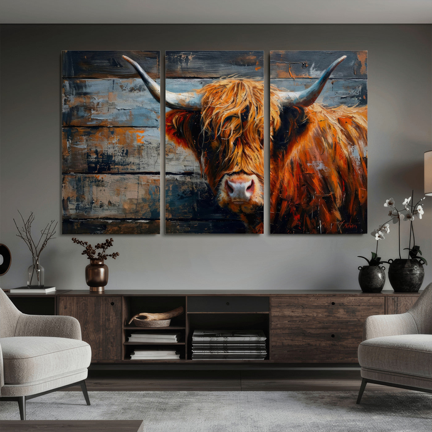 Highland Cow Wall Art Canvas Print, Abstract Rustic Farm