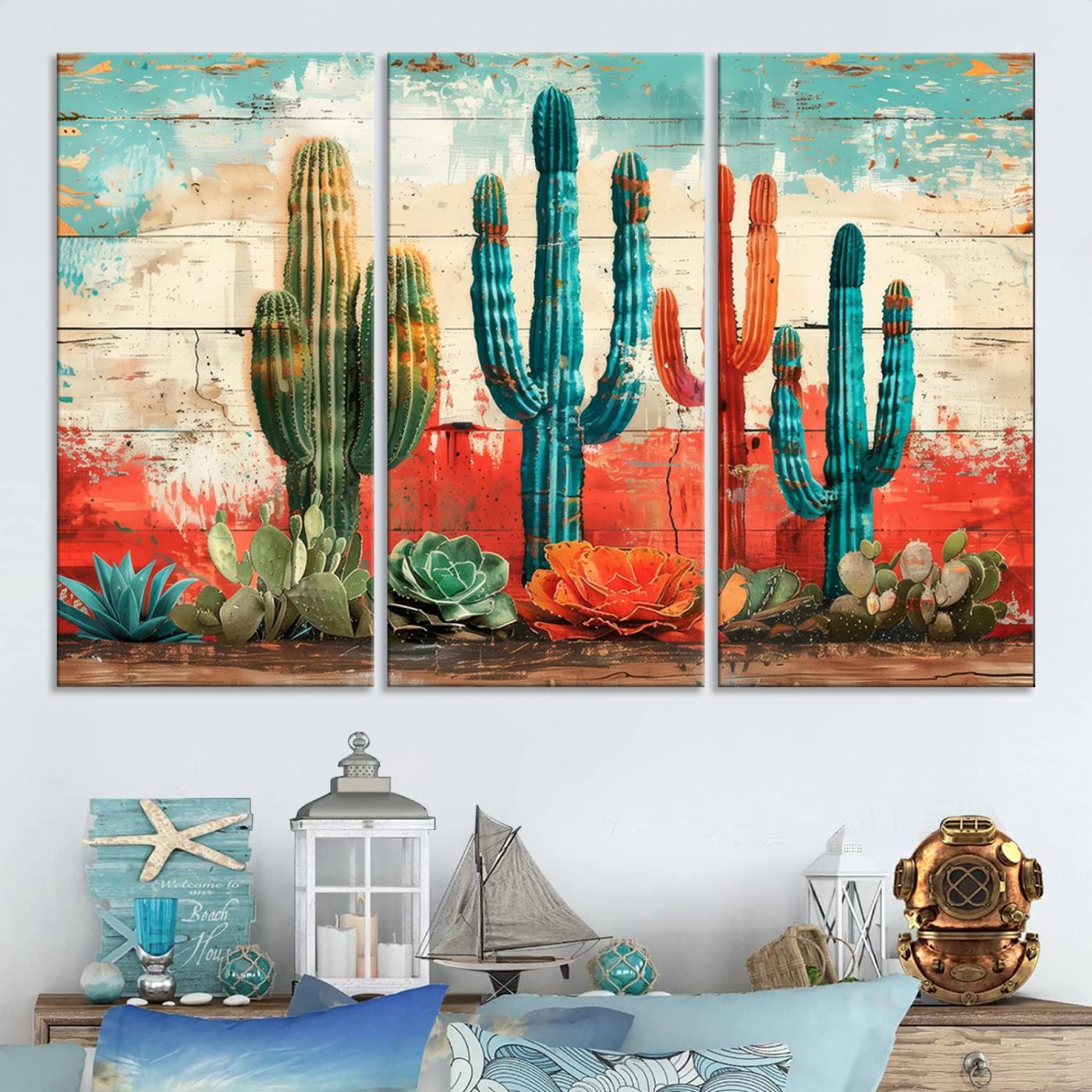 Colorful Cacti Wall Art – Framed Vibrant Succulent Canvas
