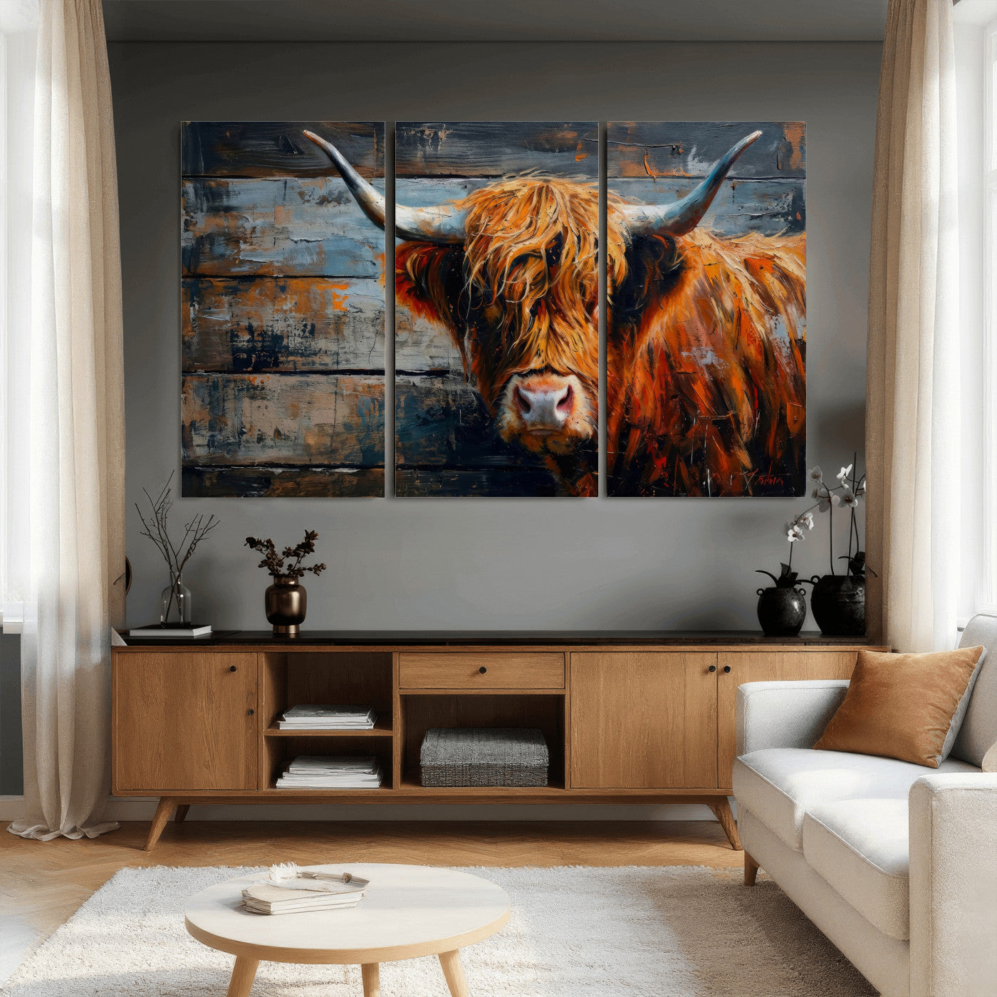 Highland Cow Wall Art Canvas Print, Abstract Rustic Farm