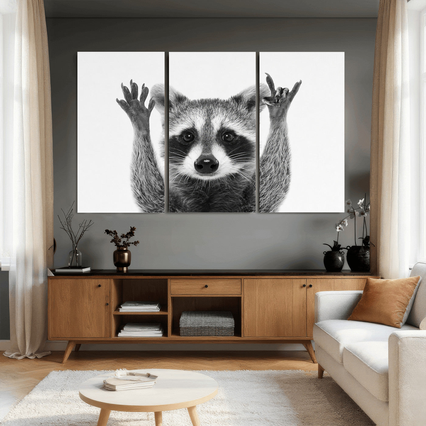 Funny Raccoon Canvas Wall Art, Black White Hands Up Animal Photo Print, Humorous Wildlife Decor, Kids Room Nursery Art, Quirky Animal Gift