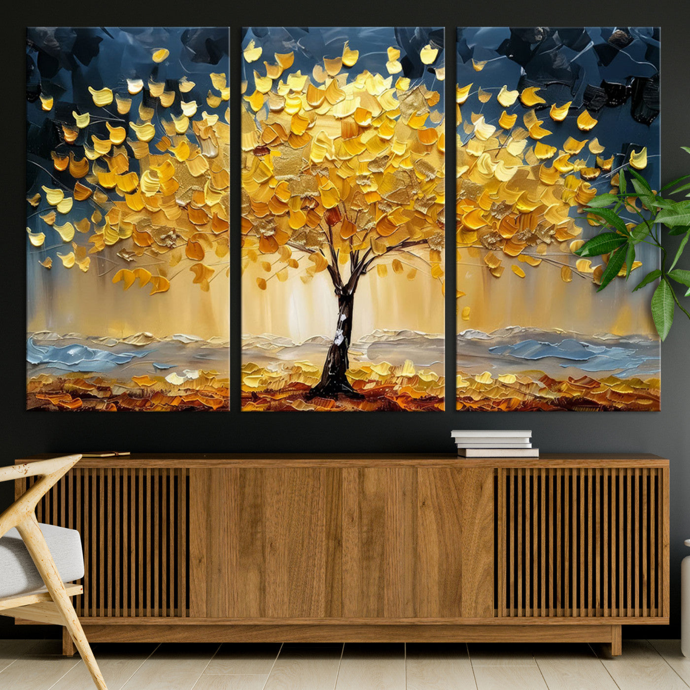 Golden Tree Wall Art – Framed Autumn Leaves Canvas Artwork,