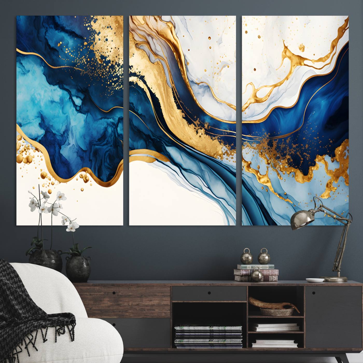Blue Gold Flow Wall Art Canvas Print – Framed Marble Design