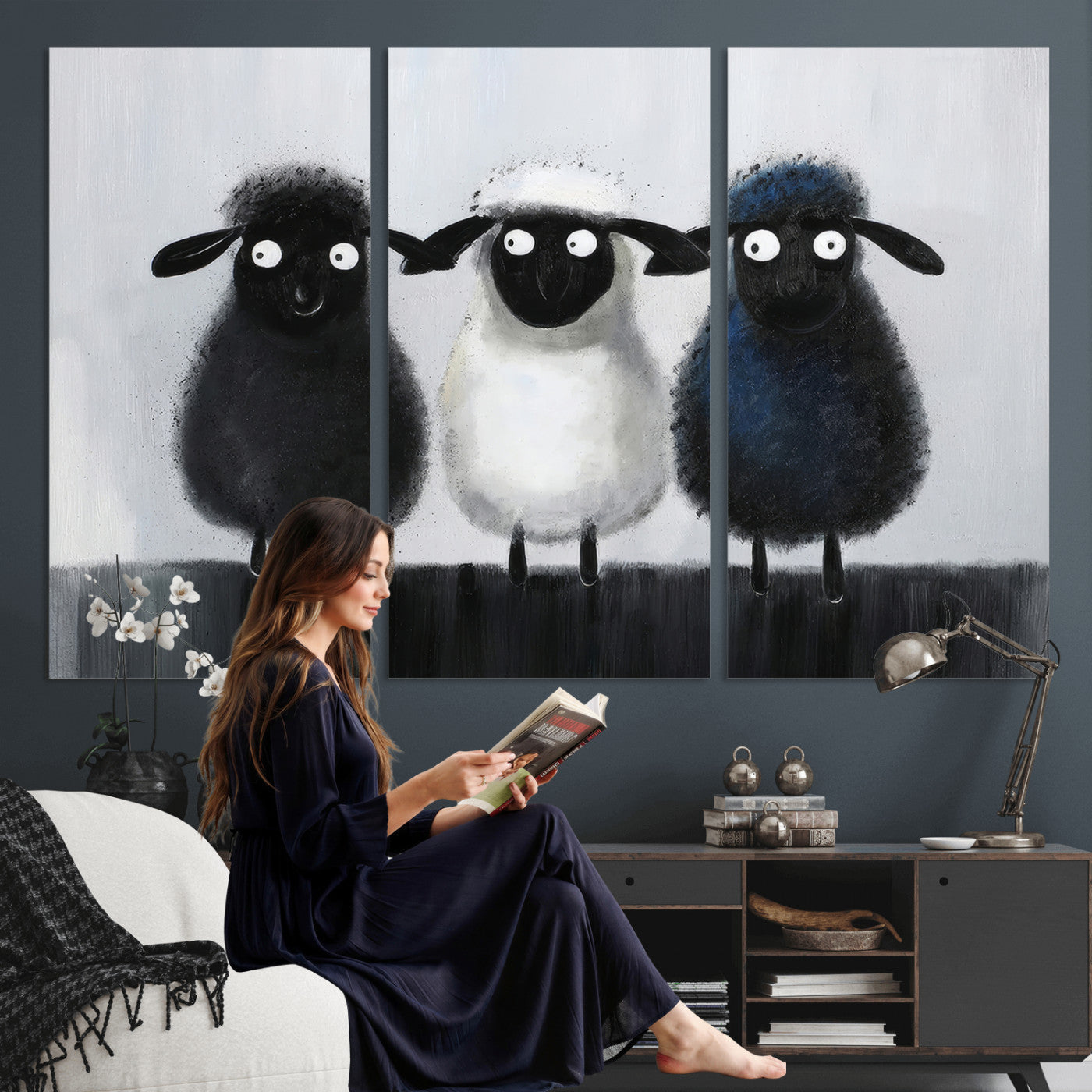 Funny Sheep Canvas Wall Art, Three Quirky Sheep Painting Print, Cute Animal Nursery Decor, Black White Navy Farmhouse Art, Kids Room Gift