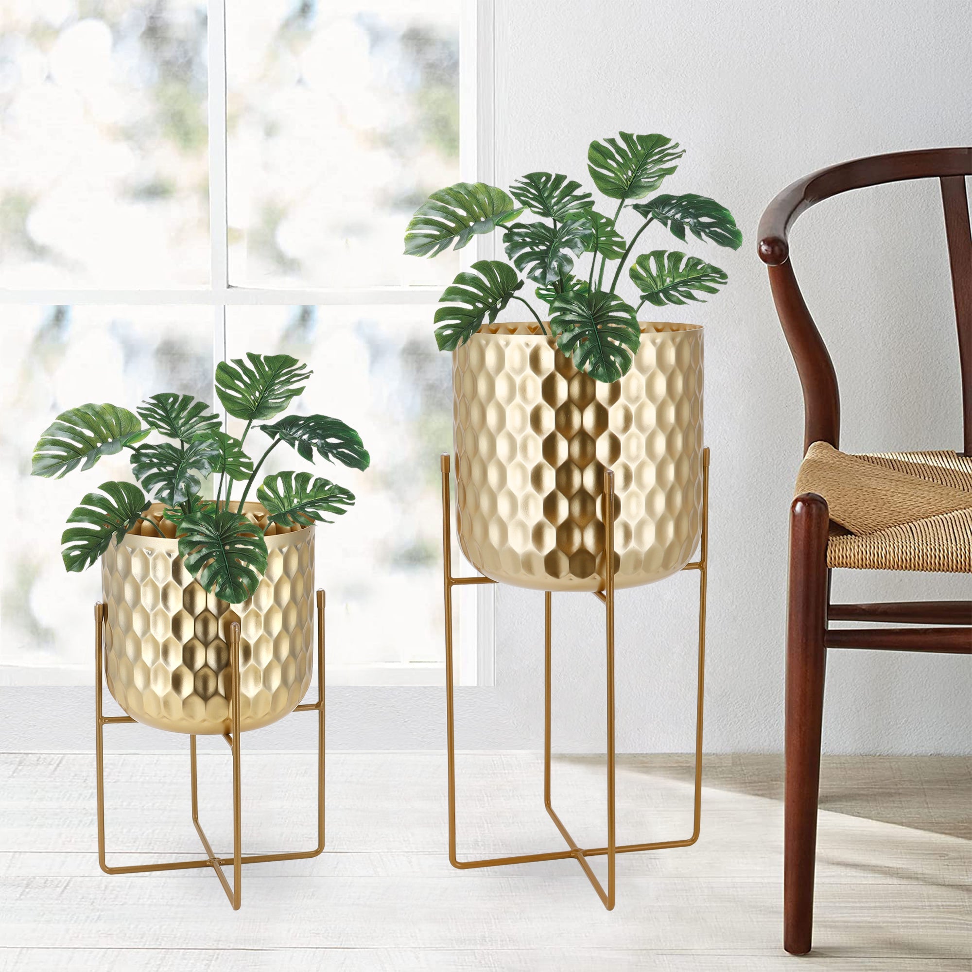 12"&18"H Golden Honeycomb Embossed Flowerpots(Set of 2)-0