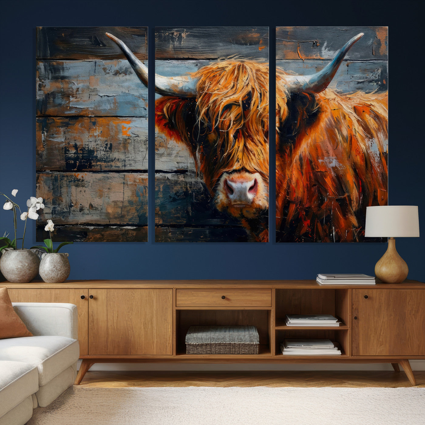 Highland Cow Wall Art Canvas Print, Abstract Rustic Farm