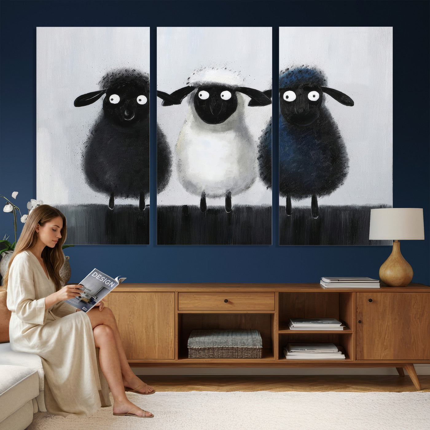 Funny Sheep Canvas Wall Art, Three Quirky Sheep Painting Print, Cute Animal Nursery Decor, Black White Navy Farmhouse Art, Kids Room Gift