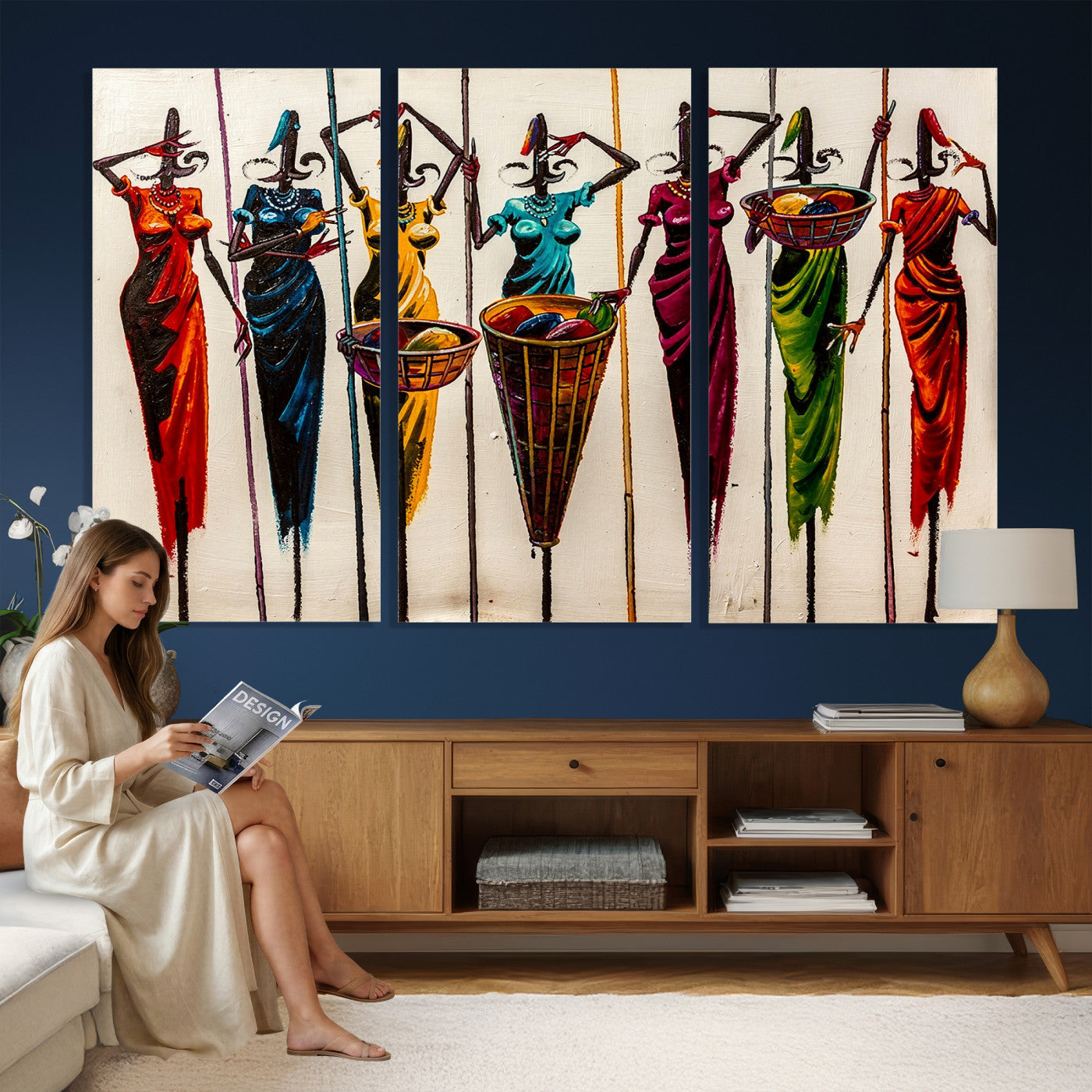 African Folk Art Canvas Wall Art, Colorful African Women Village Painting Print, Tribal Ethnic Home Decor, Vibrant African Art, Living Room