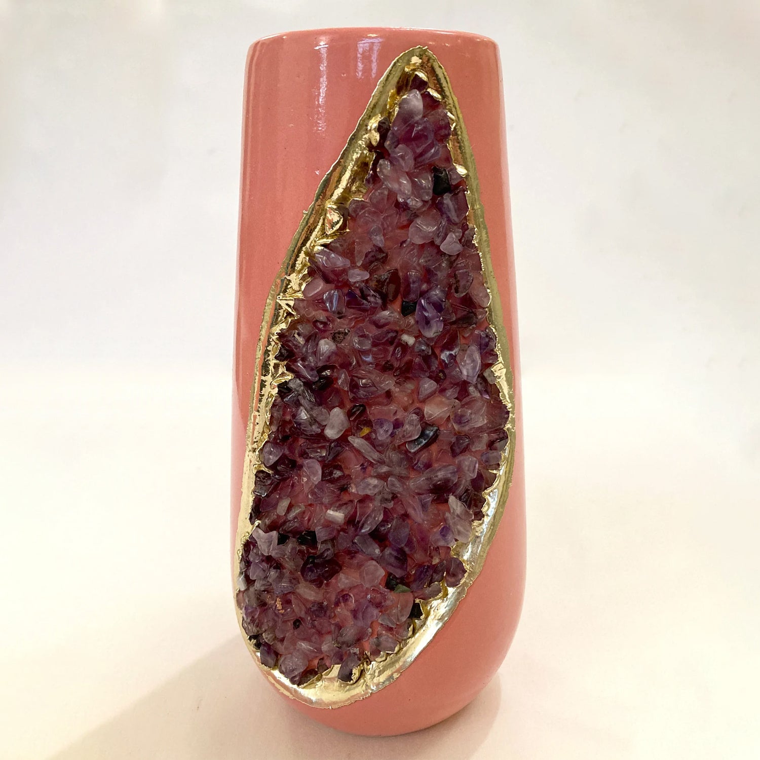 Pink and Gold Ceramic Vase/Planter/Pot/Wine Goblet/Mug with Purple Amethyst Semi-precious Agate Crystal Gemstones-2