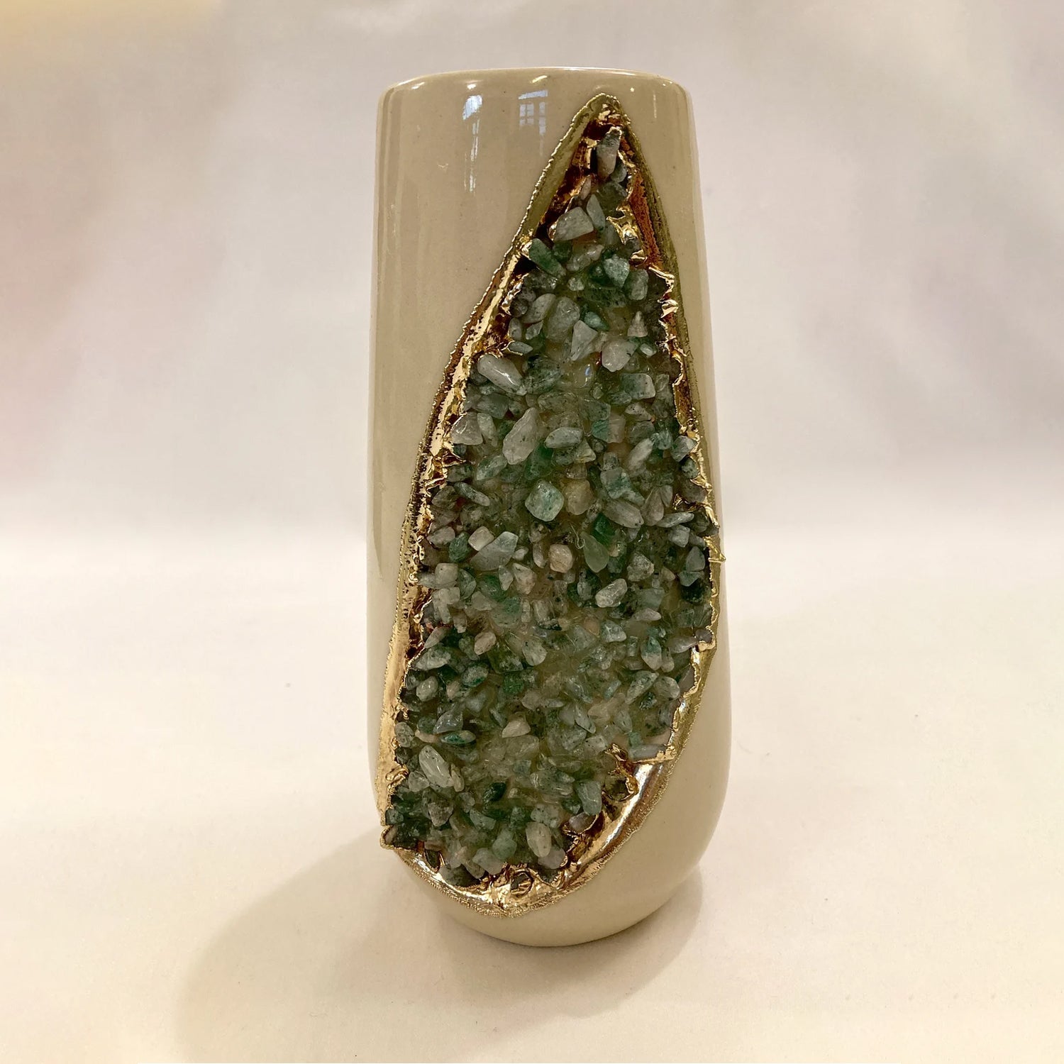 Cream and Gold Ceramic Vase/Planter/Pot/Wine Goblet/Mug with Light Green Semi-precious Agate Crystal Gemstones-2