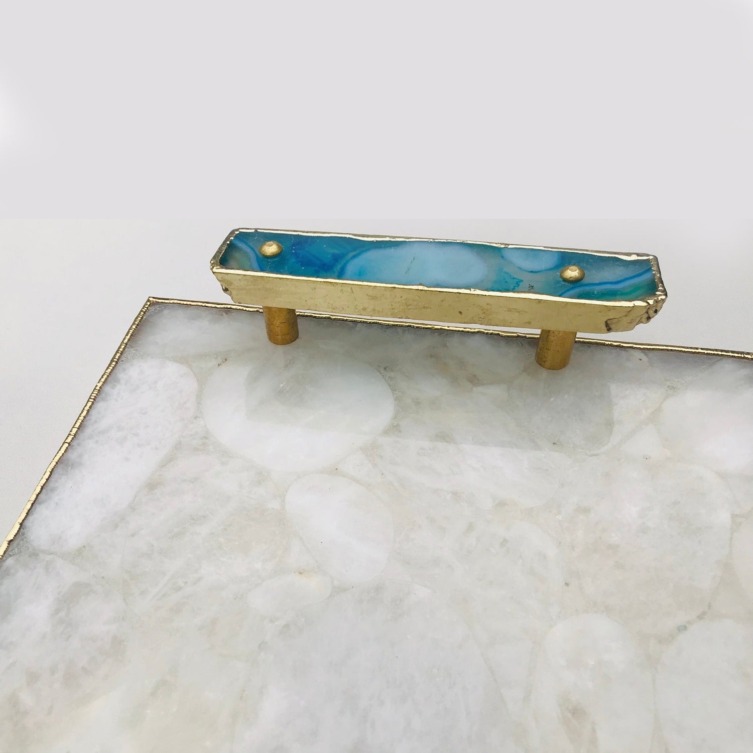 White Crystal Agate Plated Serving Tray With Blue Agate/Onyx Handles/Personalised Momentos/Sign Boards-2