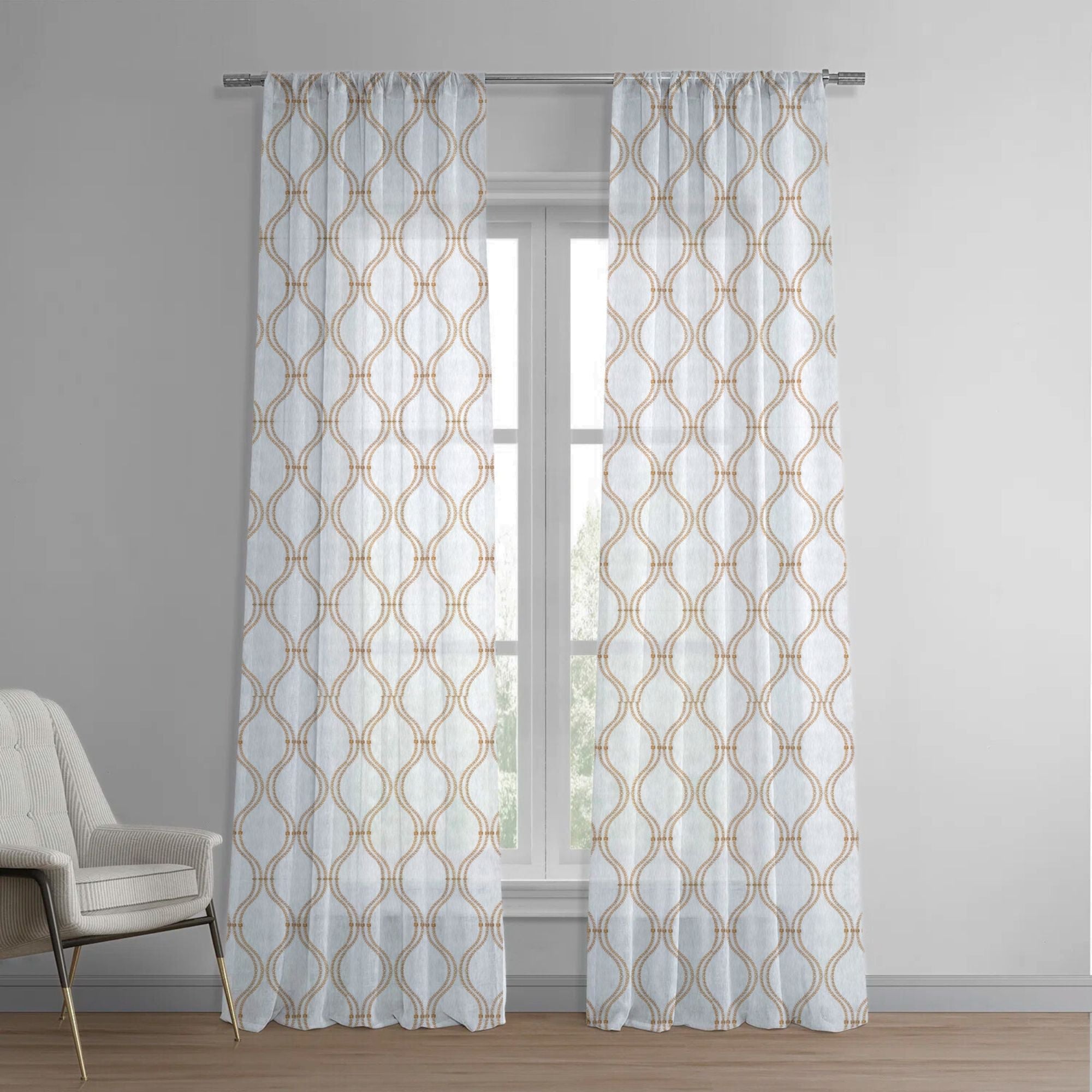 White Green & Orange Linen Sheer Curtains | Ogee Trellis Embroidery-0