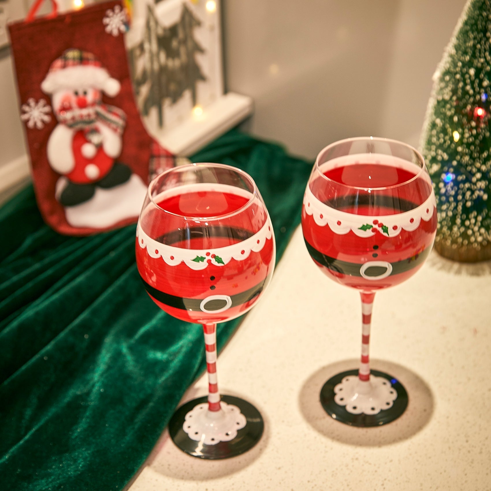 Santa's Elf Stemmed Wine & Water Glasses - Set of 2 - Shining Red & Black, 9" H - Christmas & Holiday Parties Glassware - Xmas Tree - Set of 2, 17.5oz - Santa Festive Glass - Great Gift!-3