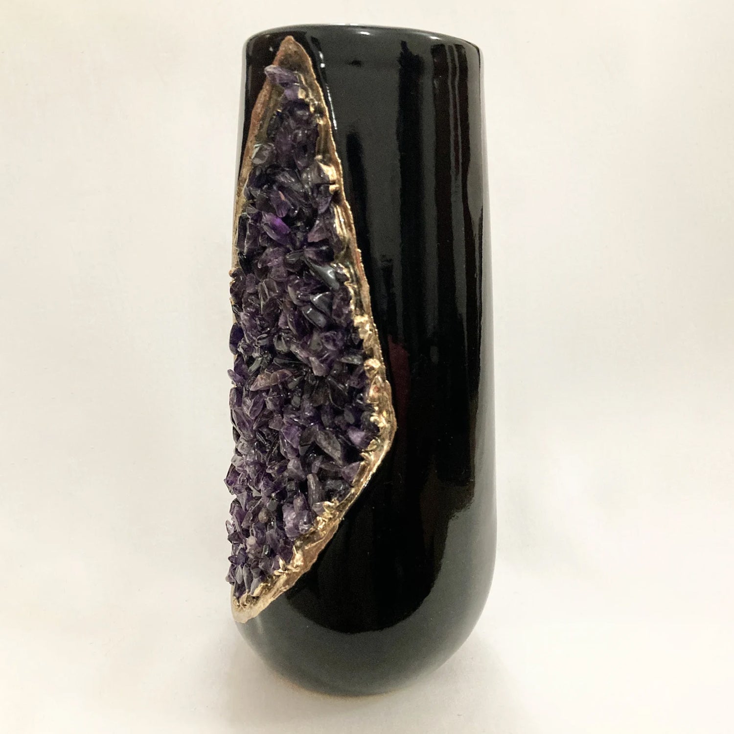 Black and Gold Ceramic Vase/Planter/Pot/Wine Goblet/Mug with Amethyst Semi-precious Agate Crystal Gemstones-2