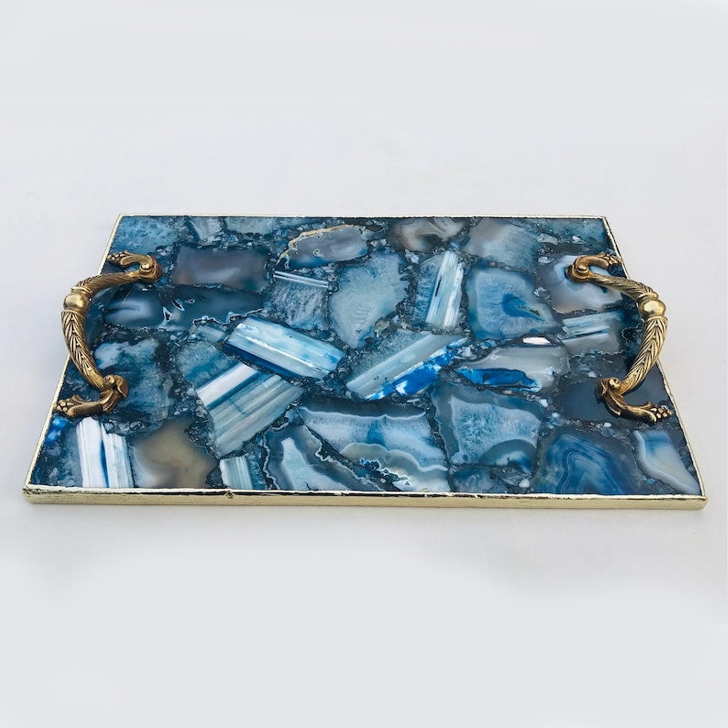 Blue Agate Serving Tray With Brass Handles-2