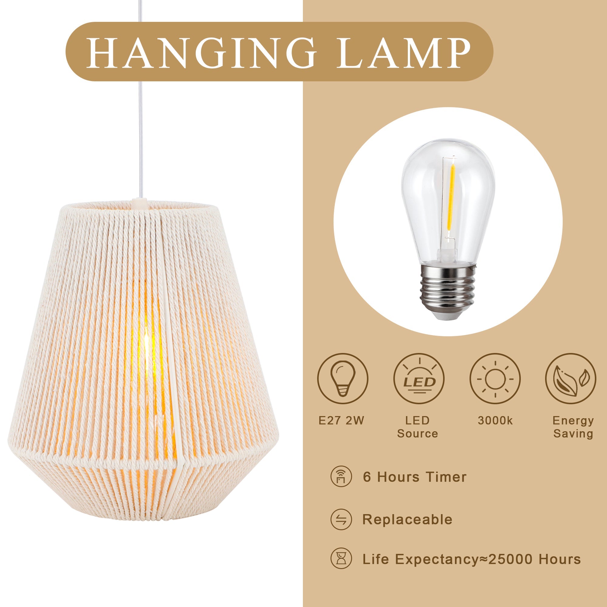 JHY DESIGN Battery Powered Hanging Lamp 8" H Woven Hemp Rope Decorative Pendant Lamp-2