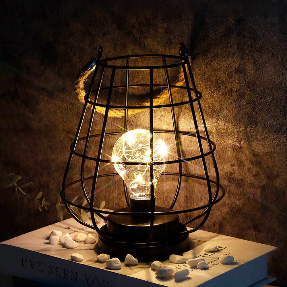 JHY DESIGN 8.5"H Cage Lantern: Decorative Table Lamp, Battery-Powered, Cordless, Warm White Fairy Lights + LED Edison Bulb (Black)-1