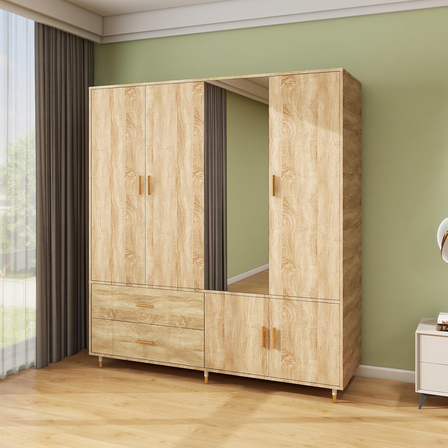 Oak Wooden Armoire Wardrobe – 4-Door Storage Cabinet with Mirror, Hanging Rods, Drawers & Shelves