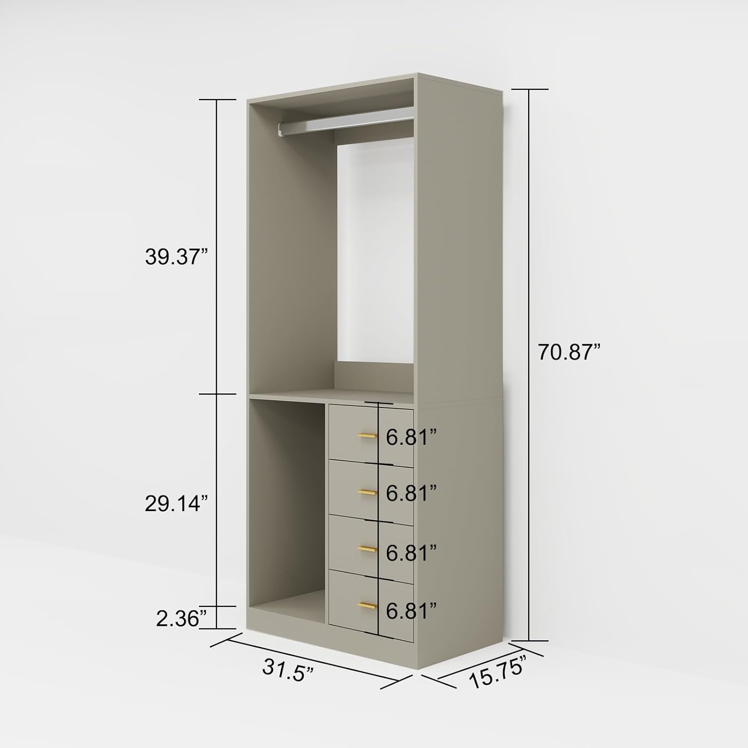 Grey Walk-In Closet System – 4-Drawer Organizer Kit with Shelves, Hanging Rod & Metal Handles