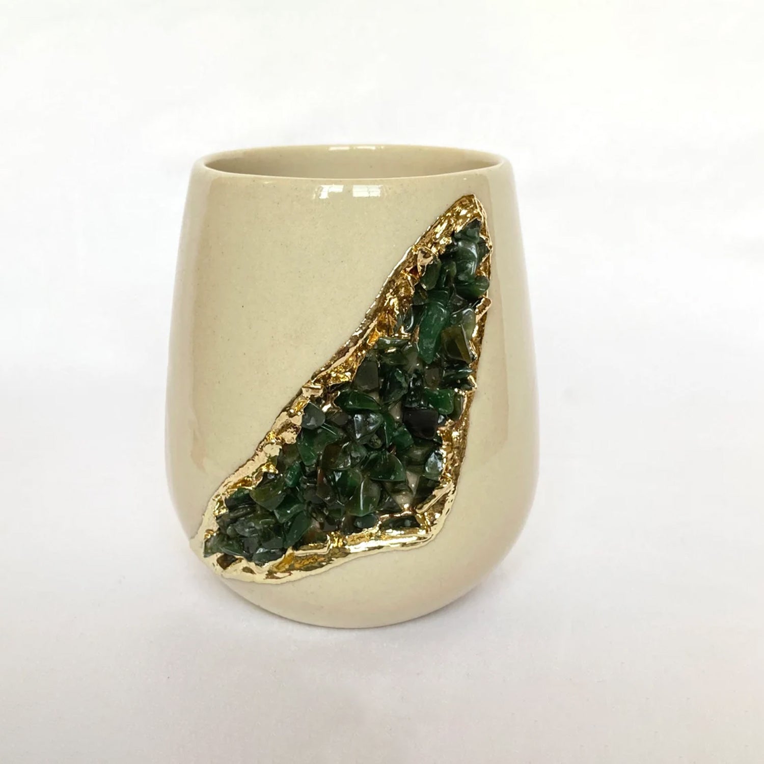 Cream and Gold Ceramic Vase/Planter/Pot/Wine Goblet/Mug with Green Semi-precious Agate Crystal Gemstones-2