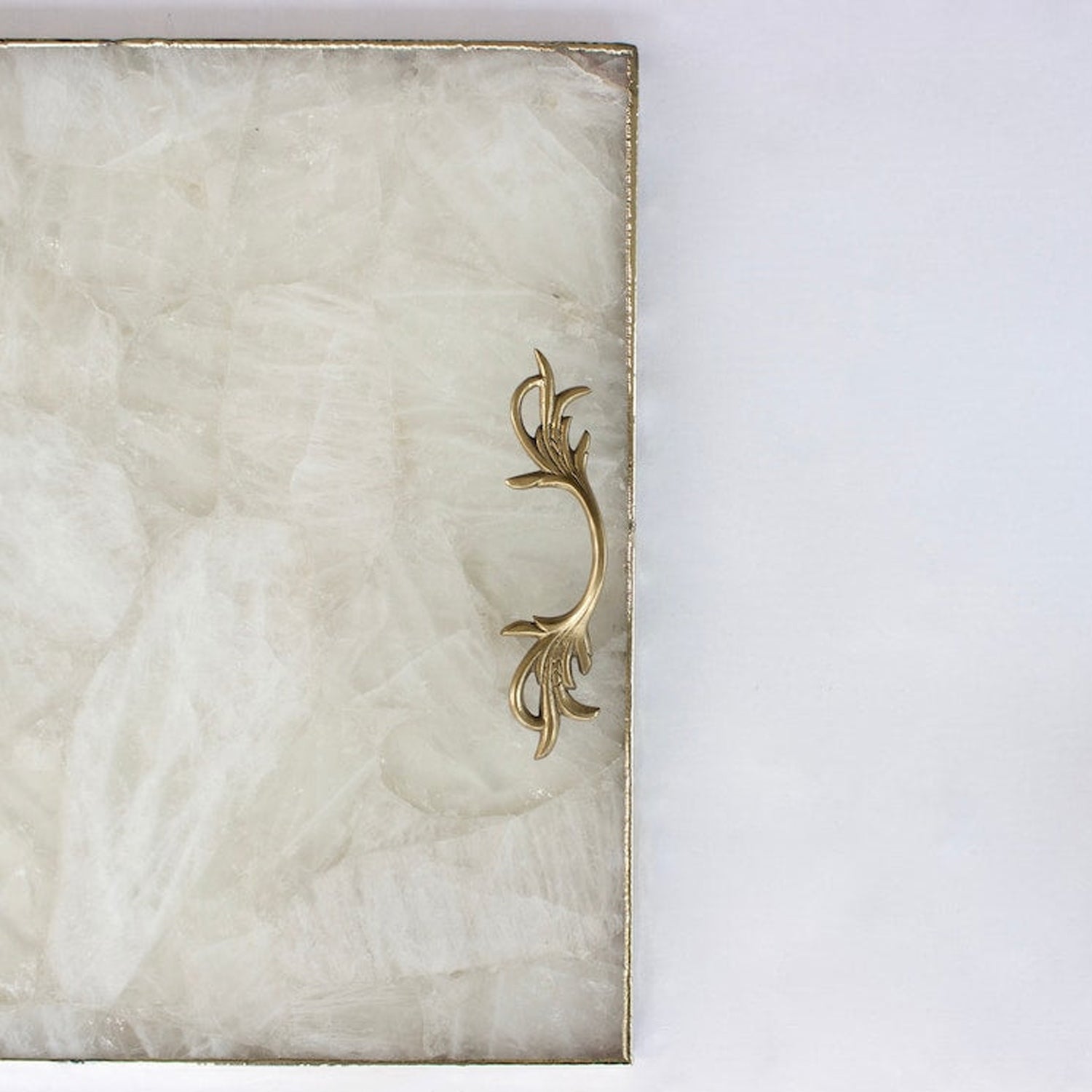 White Agate Serving Tray With Brass Handles | Square-3