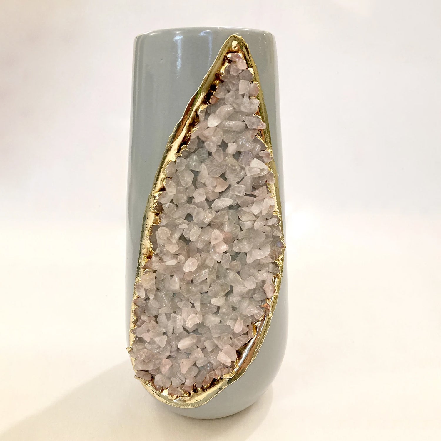 Grey and Gold Ceramic Vase/Planter/Pot/Wine Goblet/Mug with Rose Quartz Semi-precious Agate Crystal Gemstones-2