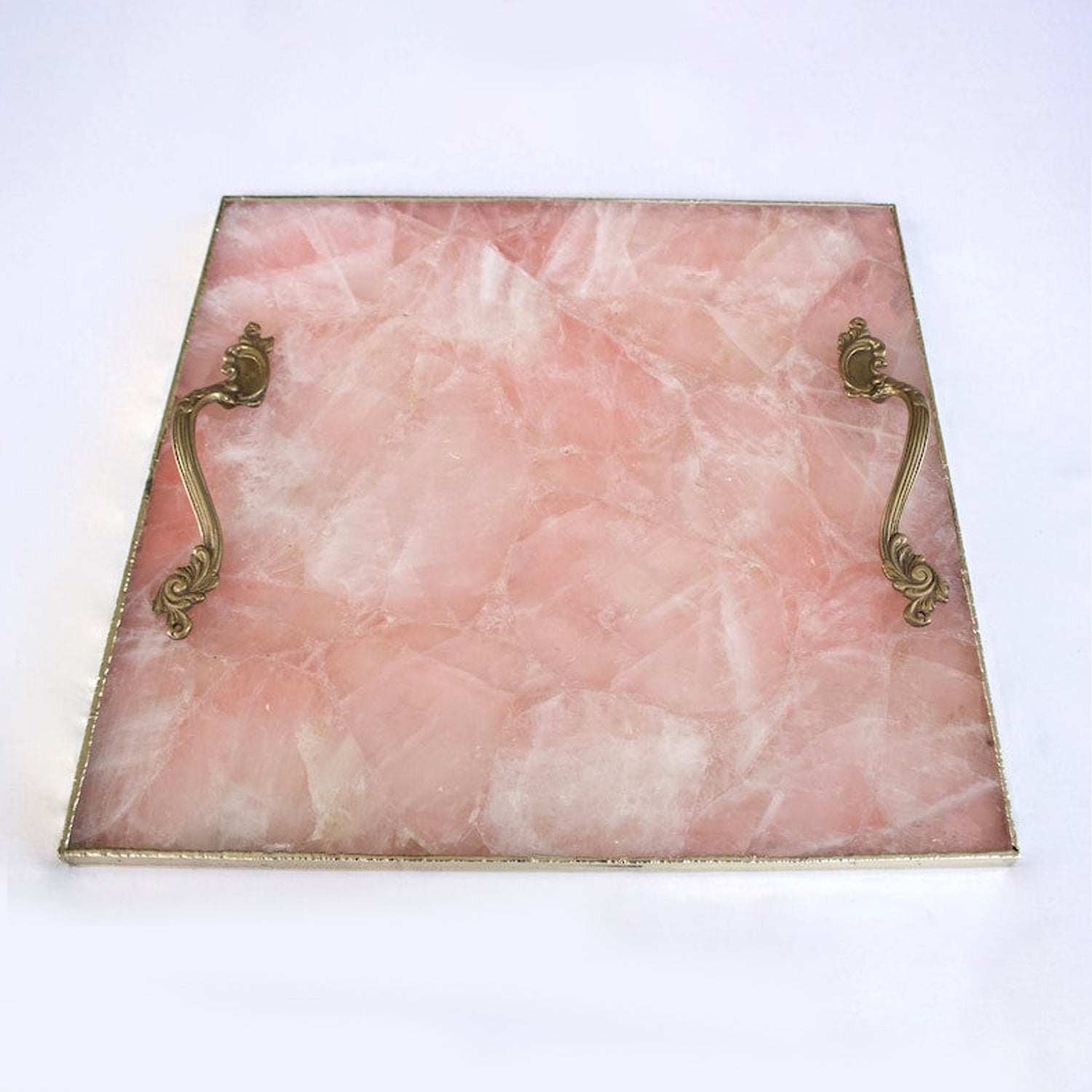 Rose Quartz Agate Serving Tray With Brass Handles | Square-4