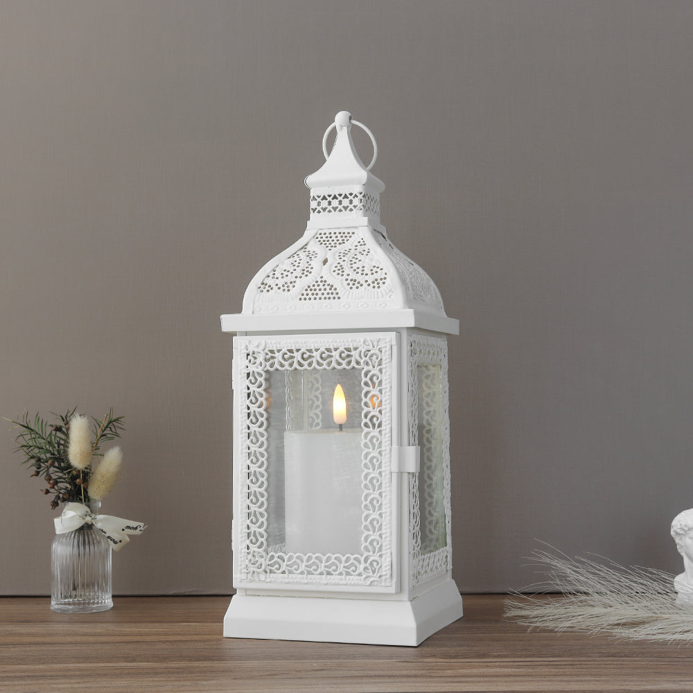 13'' High Rustic Style Metal Candle Lantern(White)-1
