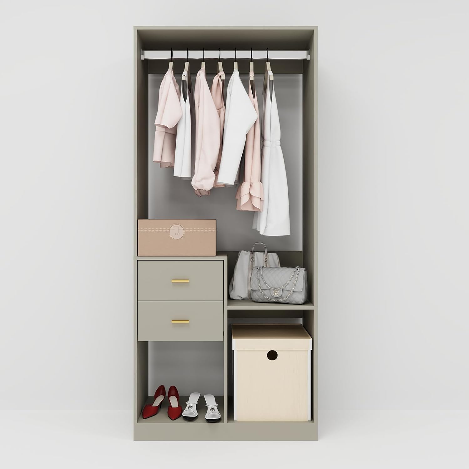 Grey Closet Organizer System – Walk-In Closet with Hanging Racks, Drawers & Shelves