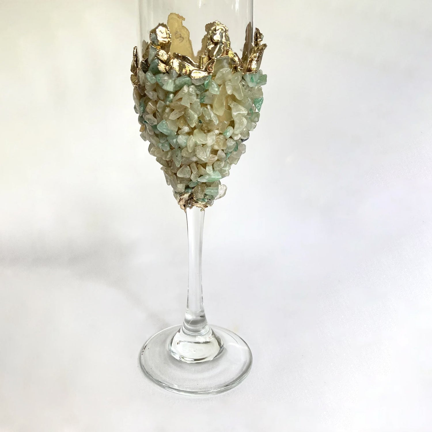 Set of 2 |Crystal Wine/Champagne Glasses with Gold Plated Light Green Agate/Quartz Semi-precious Crystals | 7 oz/215 ml-2