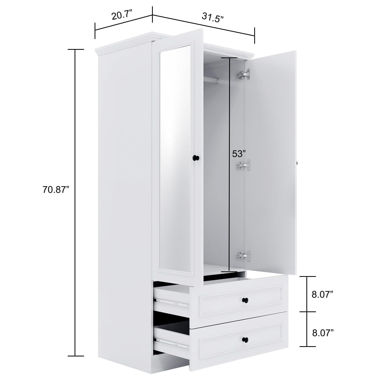 White Wooden Armoire Wardrobe – 2-Door Closet with Mirror, Hanging Rods, Drawers & Shelves for Bedroom