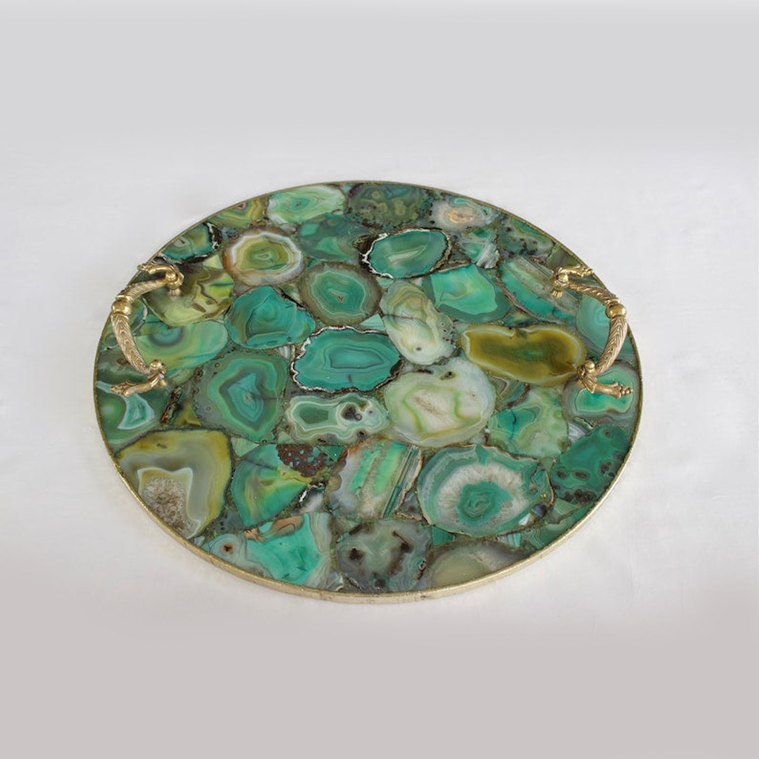 Green Agate Serving Tray With Brass Handles | Circular-2