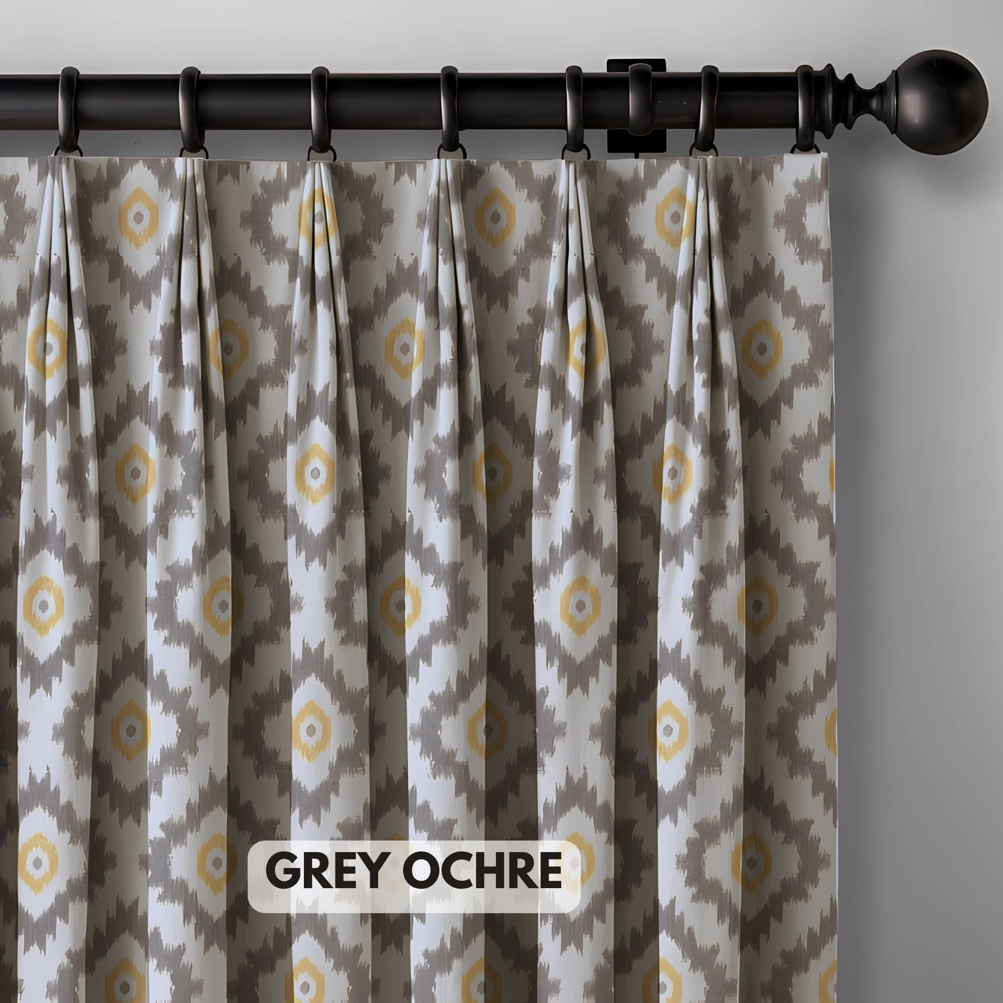 Ikat Cotton Linen Pinch Pleat Curtains - Pink Turq, Natural Blue, Grey Ochre | Made to Measure & Standard Sizes | Blackout & Light Filtering Options-1