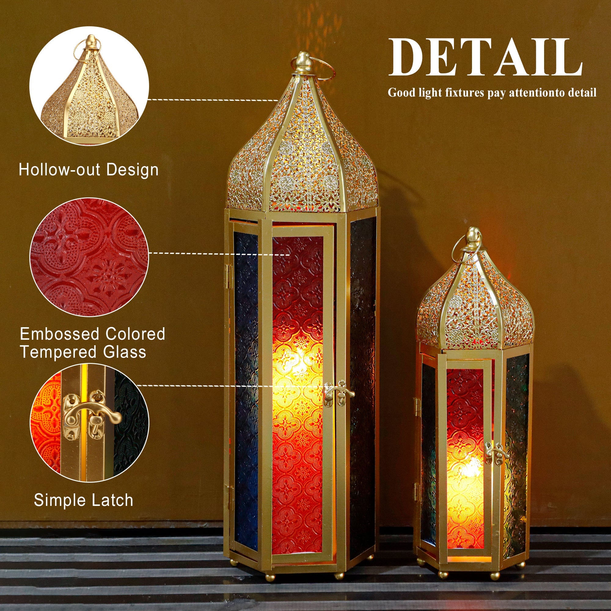 Set of 2 Decorative Ramadan Candle Lanterns - Metal, Tempered Glass, Hanging Tealight, Moroccan Style, Indoor/Outdoor Party Decor-1