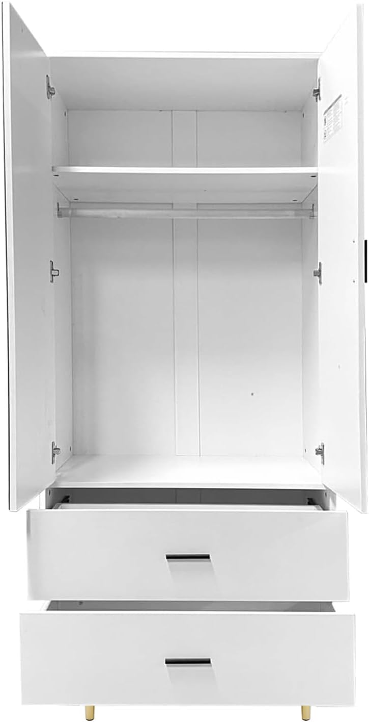 White Wooden Armoire Wardrobe – Tall 2-Door Closet with Mirror, Drawers, Hanging Rods & Shelves